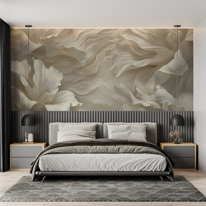 3D Floral Wave Wallpaper creating depth in a modern living room with natural light highlighting the beige pattern