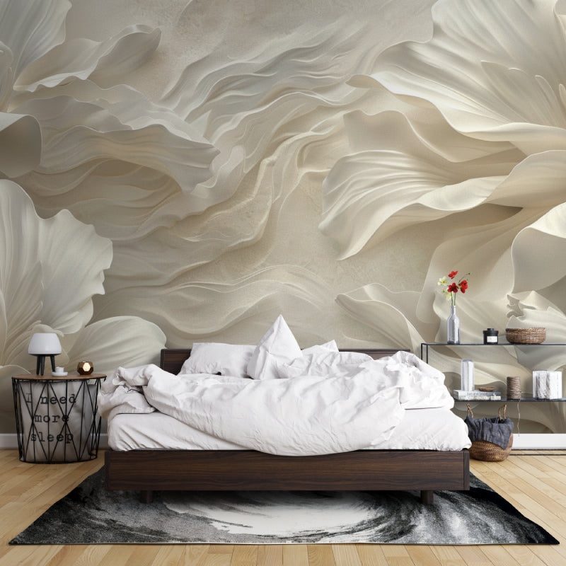 Abstract wave wallpaper in beige tones making a bedroom feel larger and more peaceful