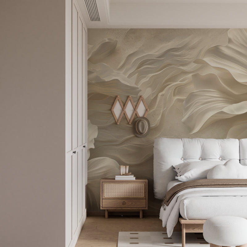 3D floral wallpaper adding movement to a dining room with soft morning light