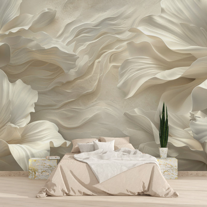 Beige wave pattern wallpaper bringing warmth to a home office space