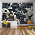 Modern living room featuring grey and white Abstract 3D Fluid Wallpaper creating depth and movement