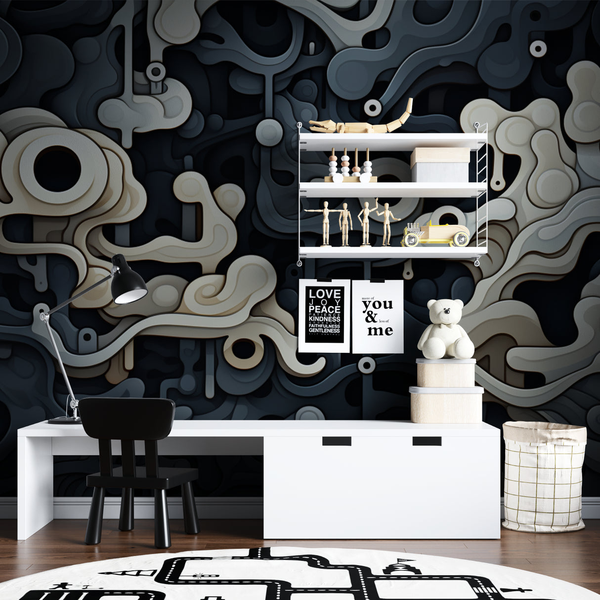 Home office with Abstract Fluid Wallpaper showing 3D effect in natural light