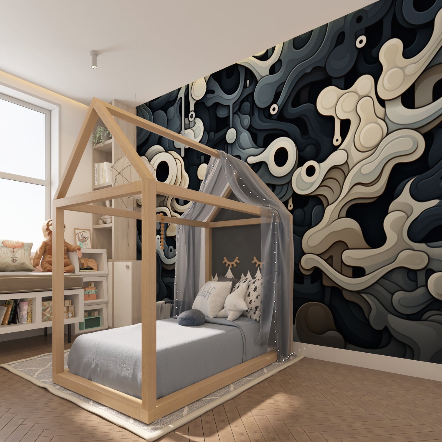 Dining room showcase of 3D Abstract Wallpaper in grey and white tones