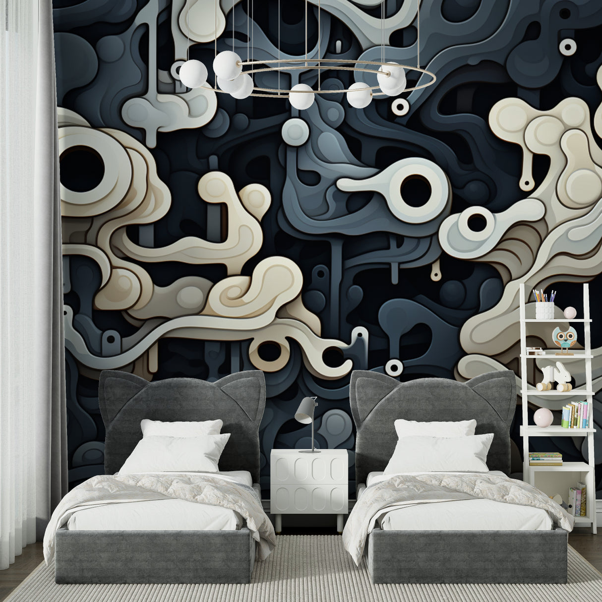 Bedroom with modern Abstract Wall Mural displaying fluid shapes