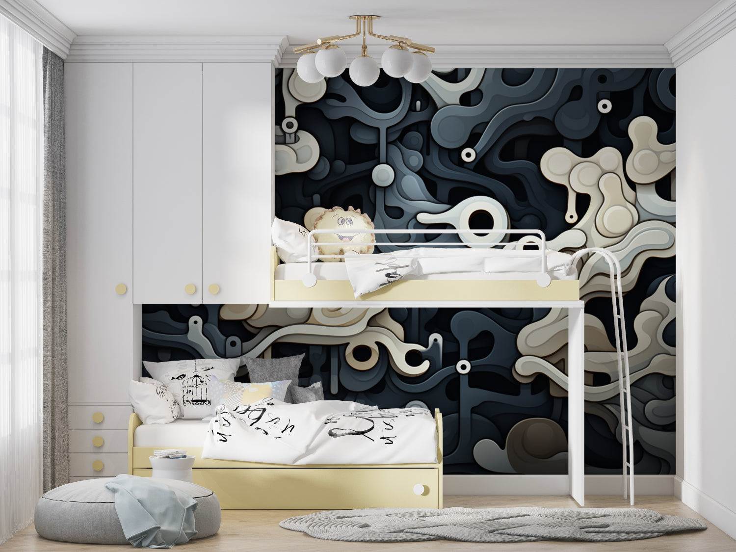 Home office featuring black and beige abstract wall mural with flowing curves