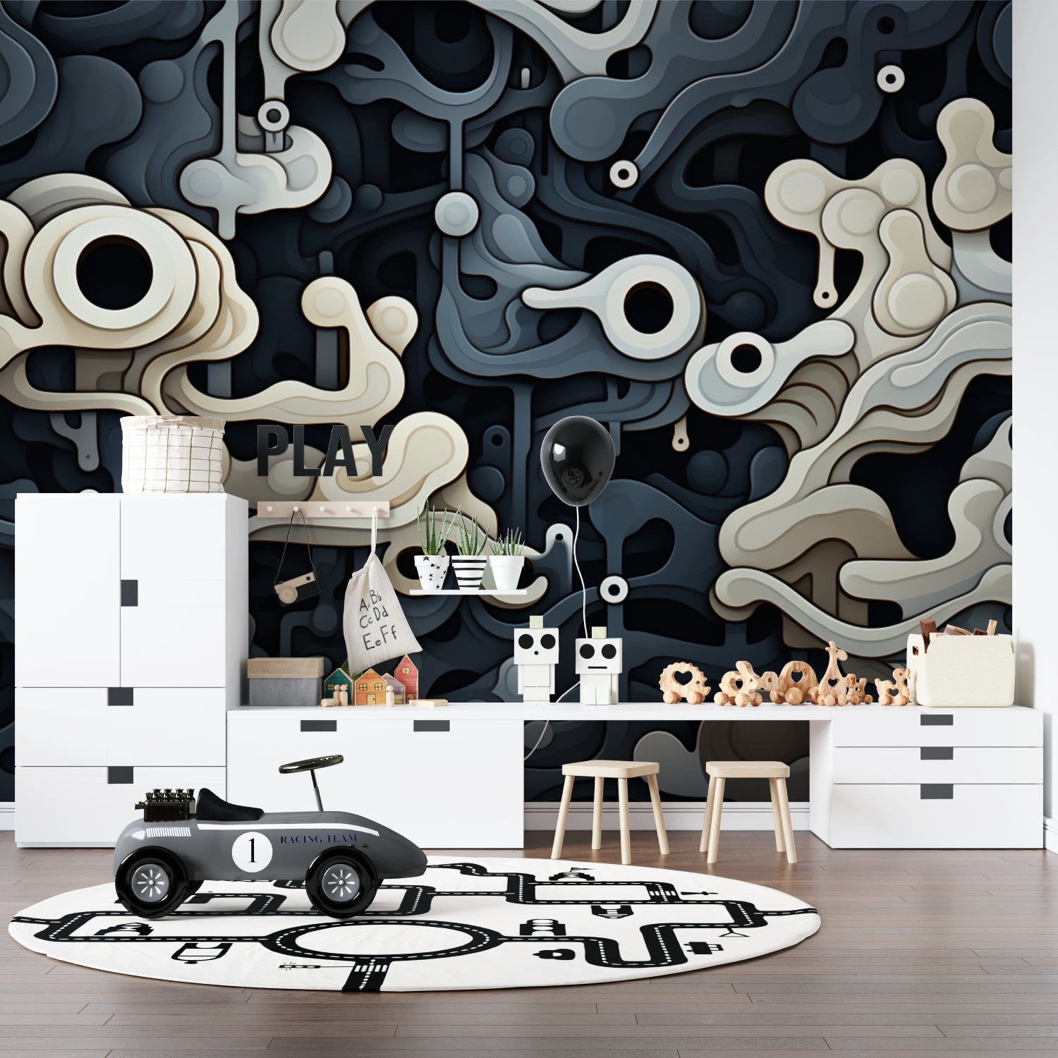 Bedroom showcasing 3D abstract wallpaper in sophisticated black and beige tones