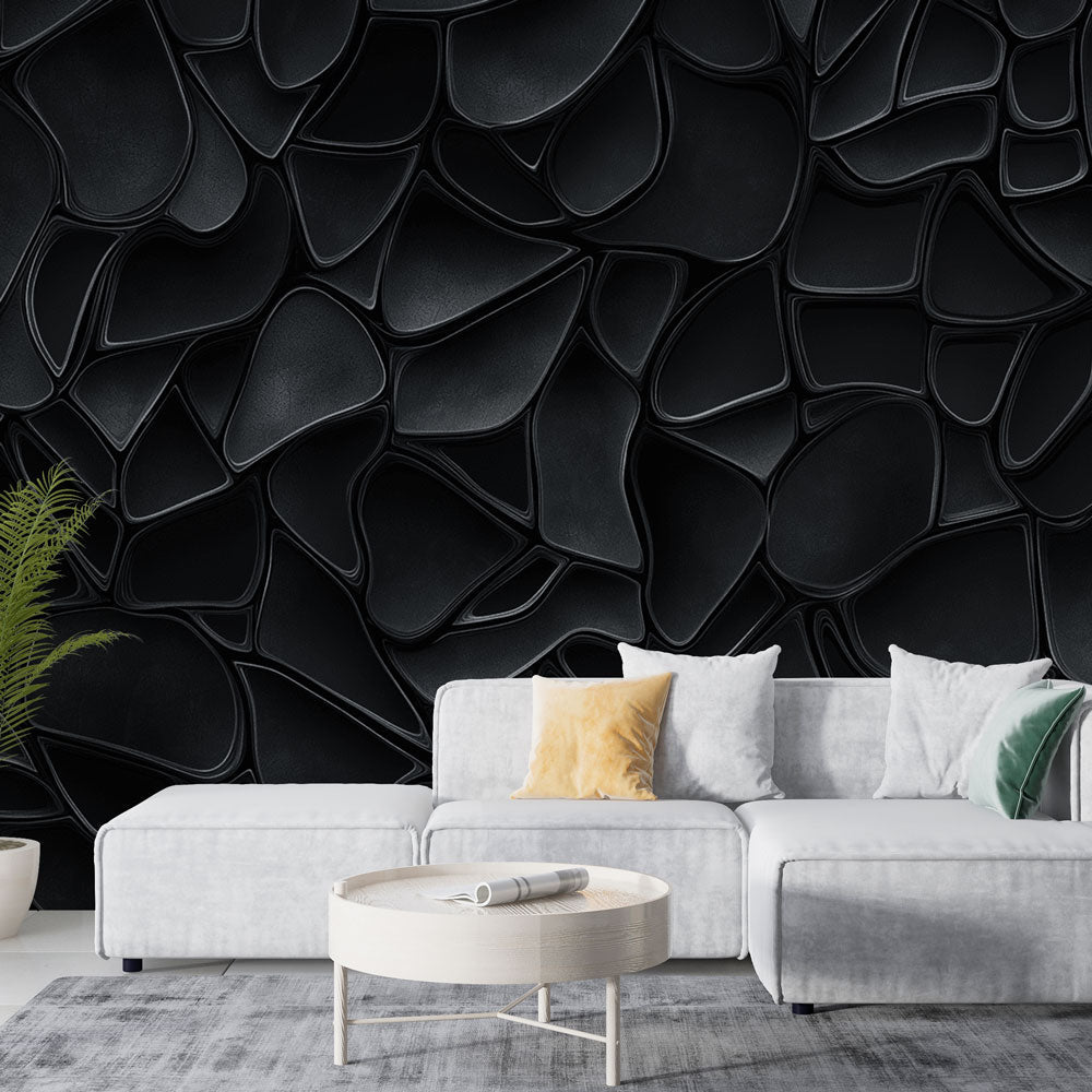 Modern living room featuring black Abstract 3D wallpaper creating depth and sophistication against minimalist furniture