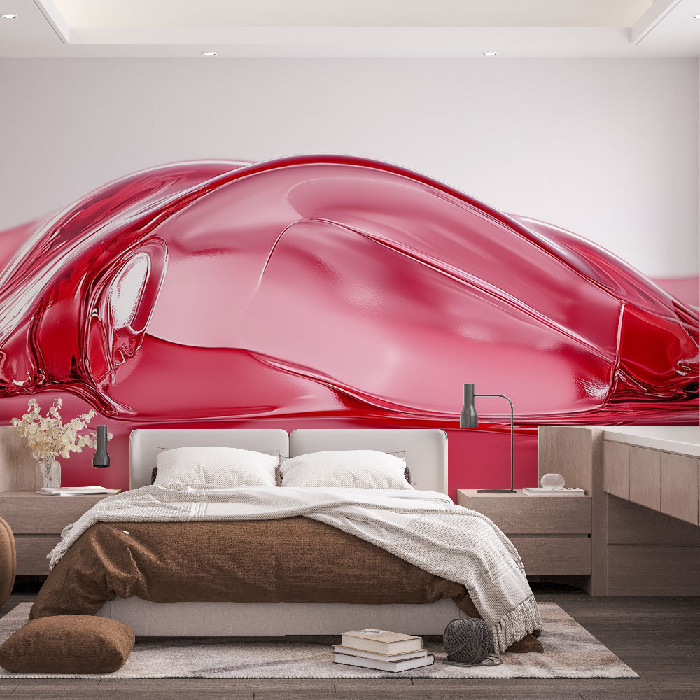 Modern living room with 3D red glass abstract wallpaper creating dramatic lighting effects and depth