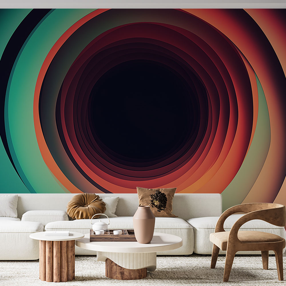 Modern abstract spiral wallpaper creating dramatic depth in a minimalist living room with natural lighting