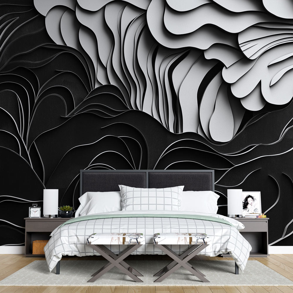 3D wave pattern wallpaper creating dramatic effect in modern minimalist living room with sleek furniture
