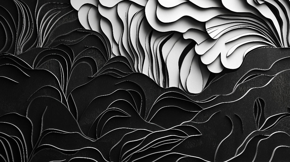 Black and white 3D wave pattern design file showing detailed abstract flowing lines