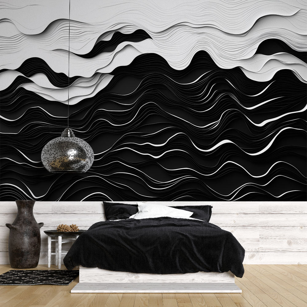 Modern living room featuring black and white 3D wave wallpaper creating depth and movement on feature wall
