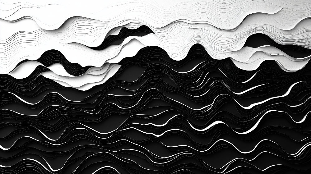 Black and white 3D wave pattern design file showing flowing geometric curves and optical depth effect