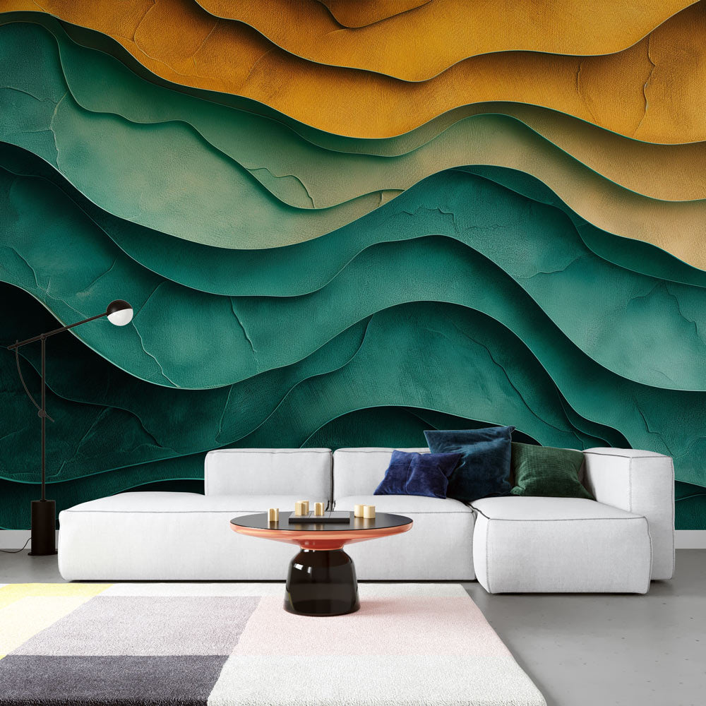 Modern living room featuring 3D wave wallpaper in green and gold tones, creating depth and movement against contemporary furniture
