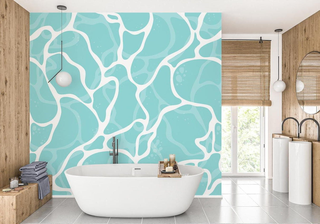Abstract water ripple wallpaper creating a spa-like atmosphere in a modern bathroom with freestanding tub
