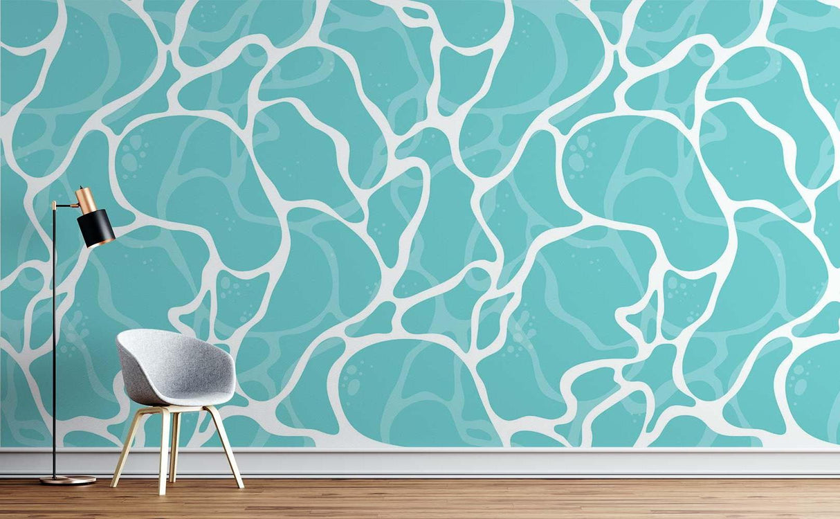 Modern living room featuring abstract aqua water pattern wallpaper with minimalist furniture