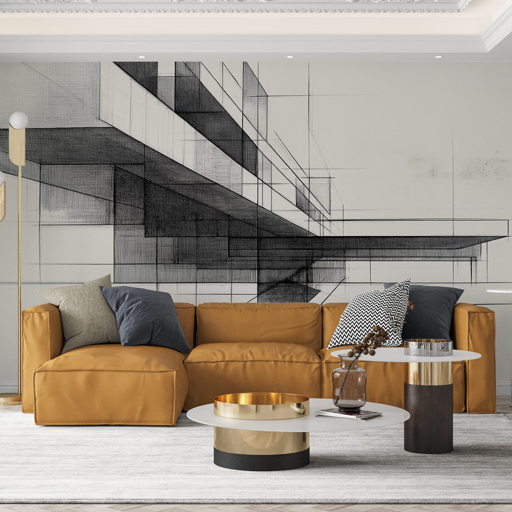 Modern Line Art Wallpaper showcased in a bright, minimal living room with clean architectural details