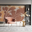 Abstract terracotta wallpaper in modern living room setting with minimalist furniture