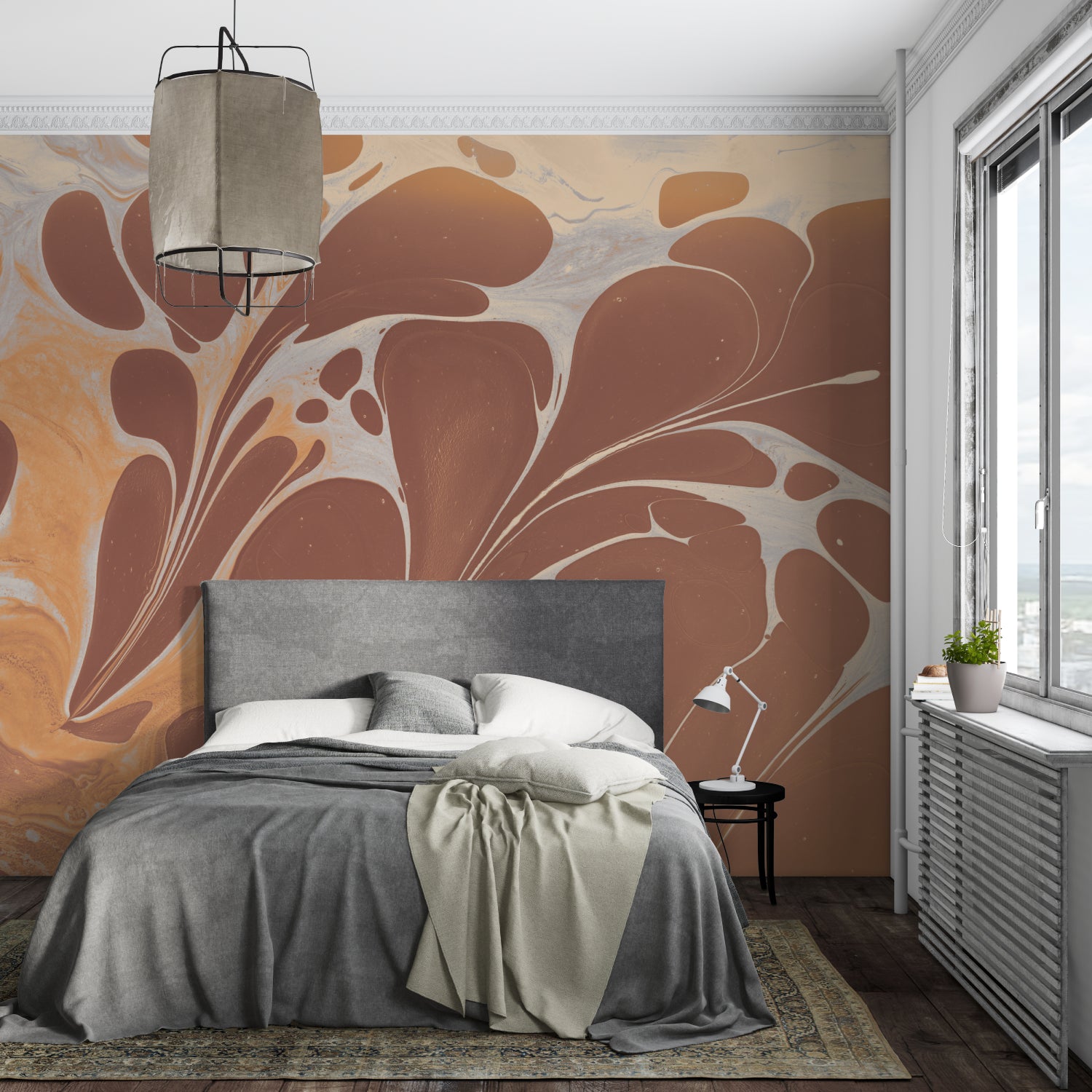 Abstract art deco wallpaper bringing warmth to home office setup