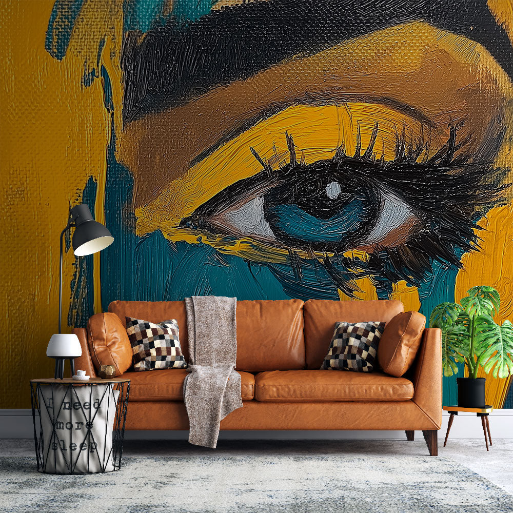 Abstract eye wallpaper creating a stunning focal point in a modern living room with minimal furniture and natural light