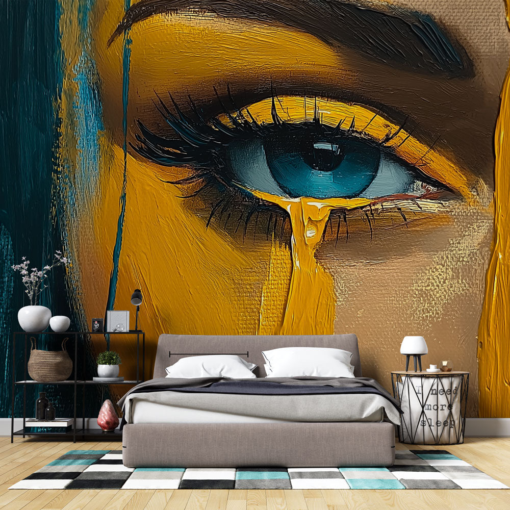 Abstract eye wall mural creating dramatic focal point in modern living room with gold and teal accents