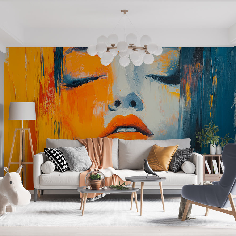 Abstract face mural wallpaper creating a bold statement in a modern minimalist living room with natural light