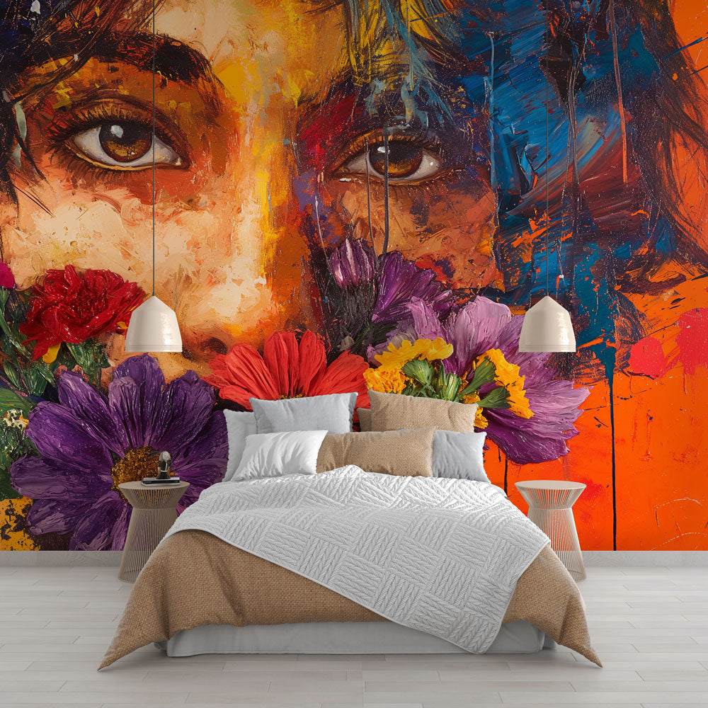 Abstract face wall mural displayed in a modern living room, showing vibrant orange and blue tones with floral elements