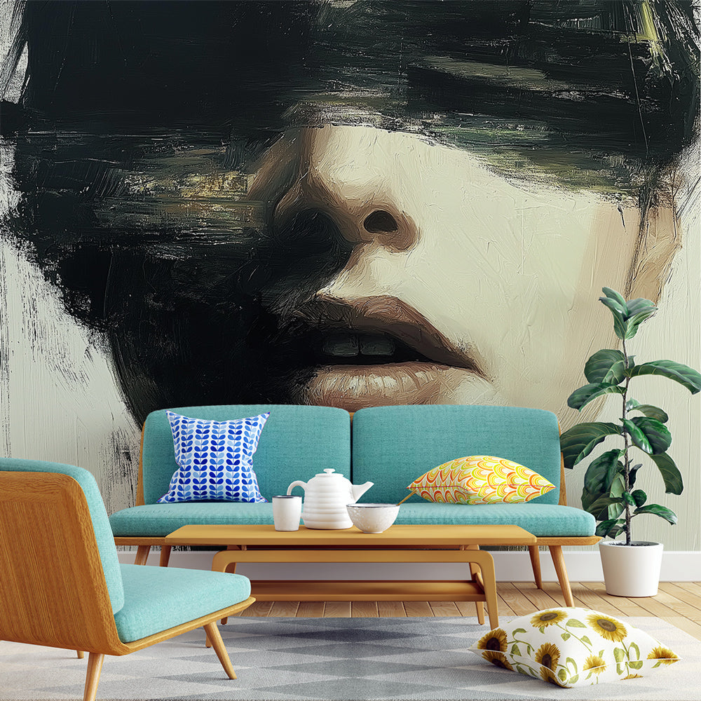 Modern Abstract Portrait Wallpaper creating dramatic focus in a minimalist living room with clean furniture lines