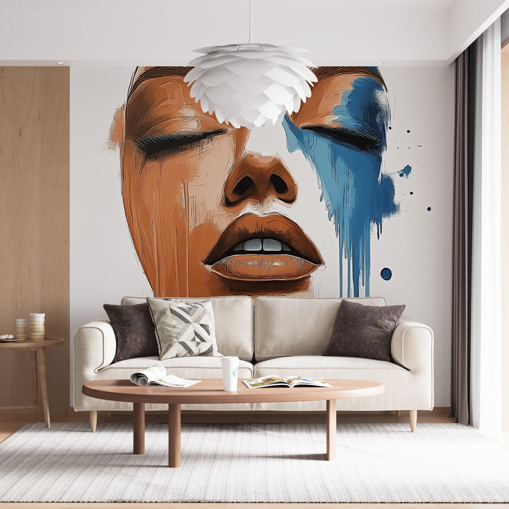 Abstract portrait wallpaper creating a stunning focal point in a modern living room with minimalist furniture