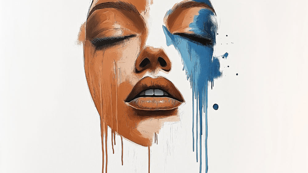Abstract portrait mural design file showing blue and terracotta color blend