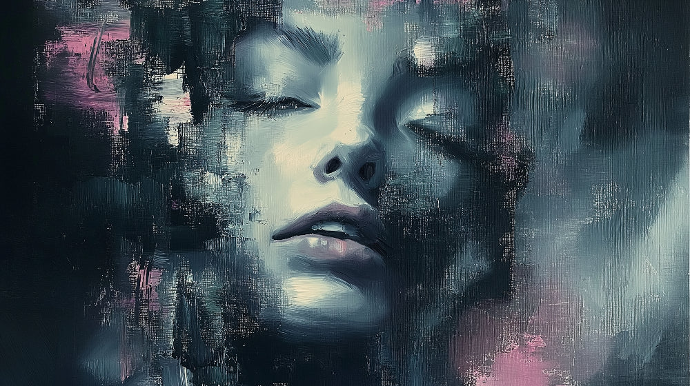 Abstract portrait design file showing detailed teal brushstrokes and artistic composition