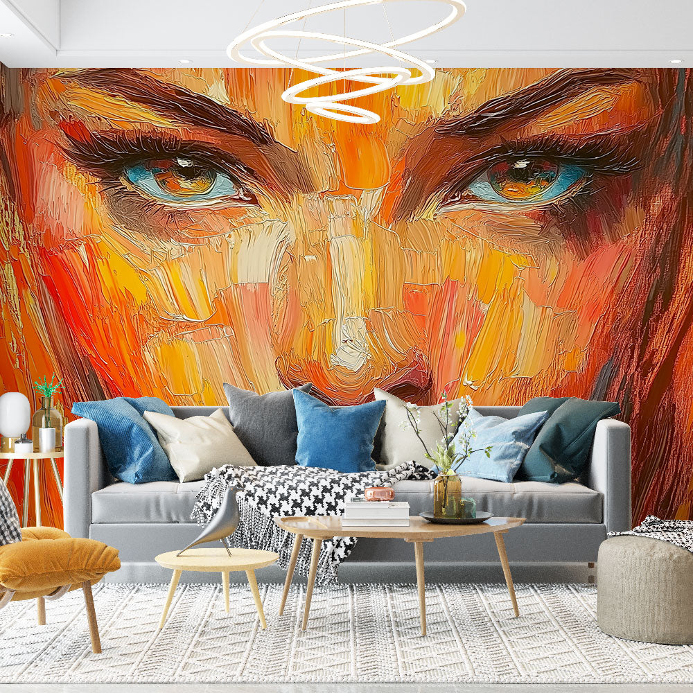 Abstract portrait wall mural creating a stunning focal point in a modern living room with minimalist furniture