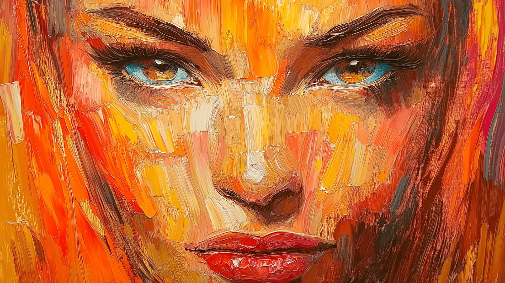 Abstract portrait design file showing detailed orange and gold brushstrokes with turquoise eye detail