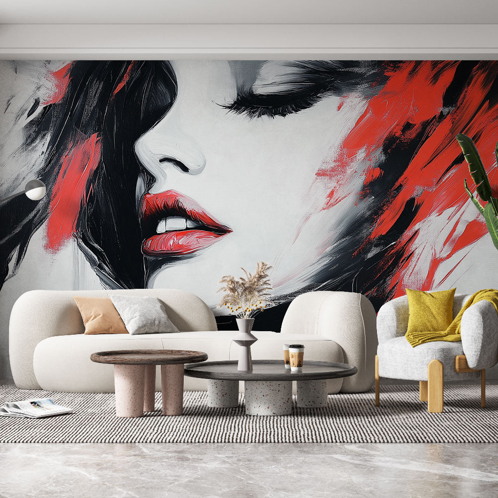 Abstract portrait wallpaper creating a striking focal point in a minimalist living room with modern furniture