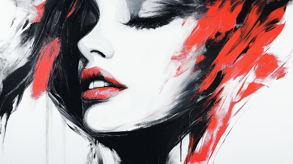 Abstract portrait design file showing red and black artistic brushstrokes on white background