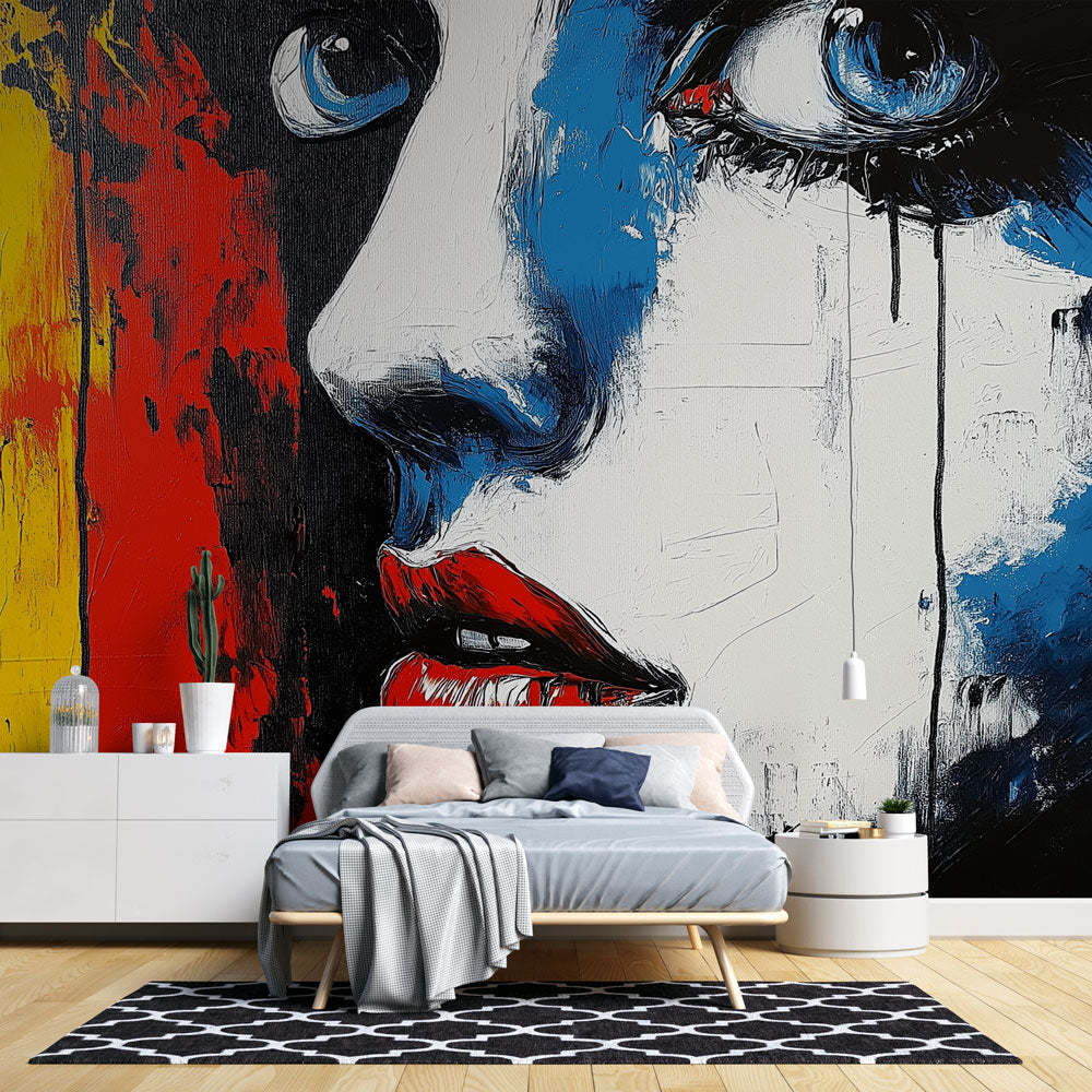 Abstract portrait wallpaper with dripping colors showcased in a modern living room, creating an artistic focal point
