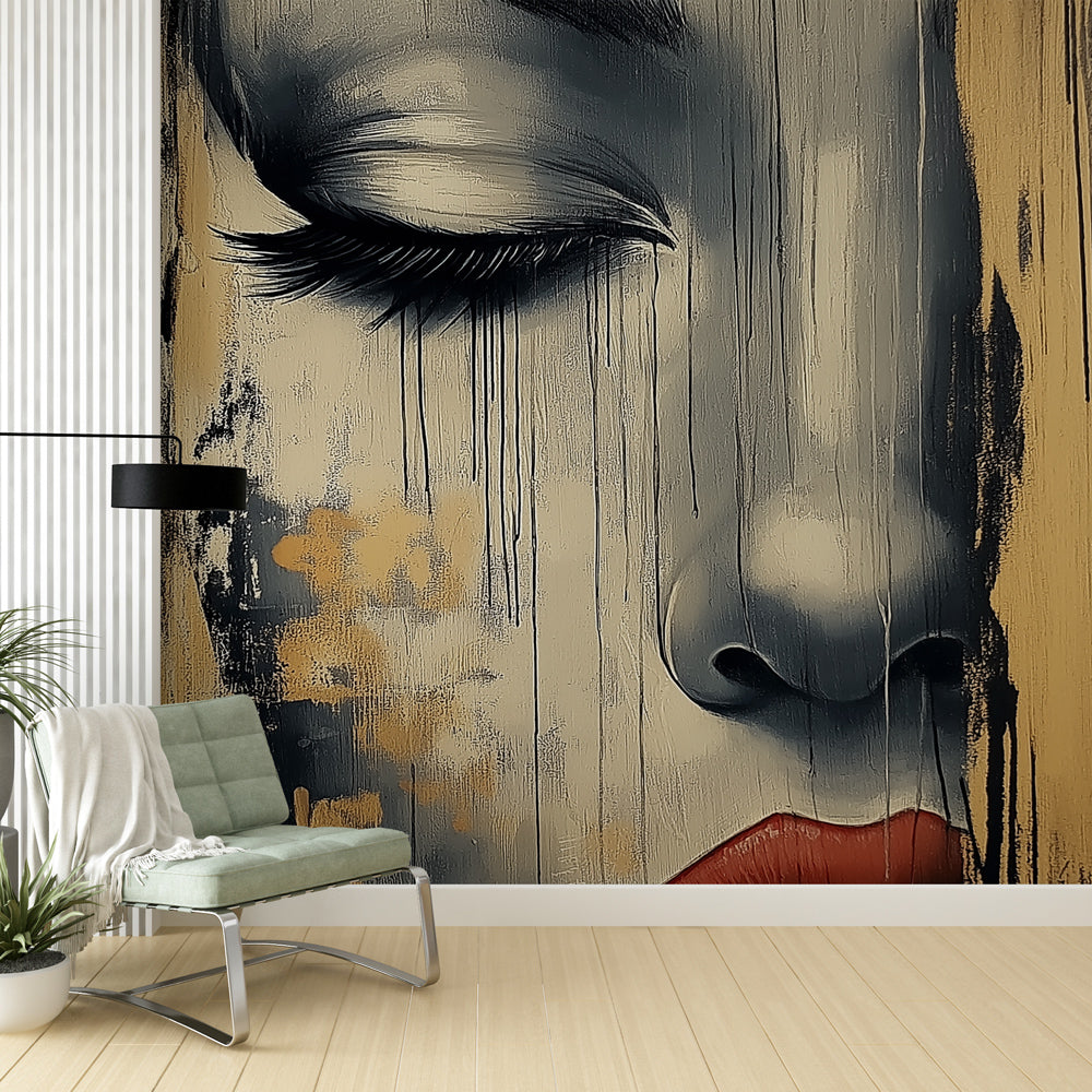 Abstract portrait wallpaper with gold drips creating drama in a modern living room with sleek furniture and ambient lighting
