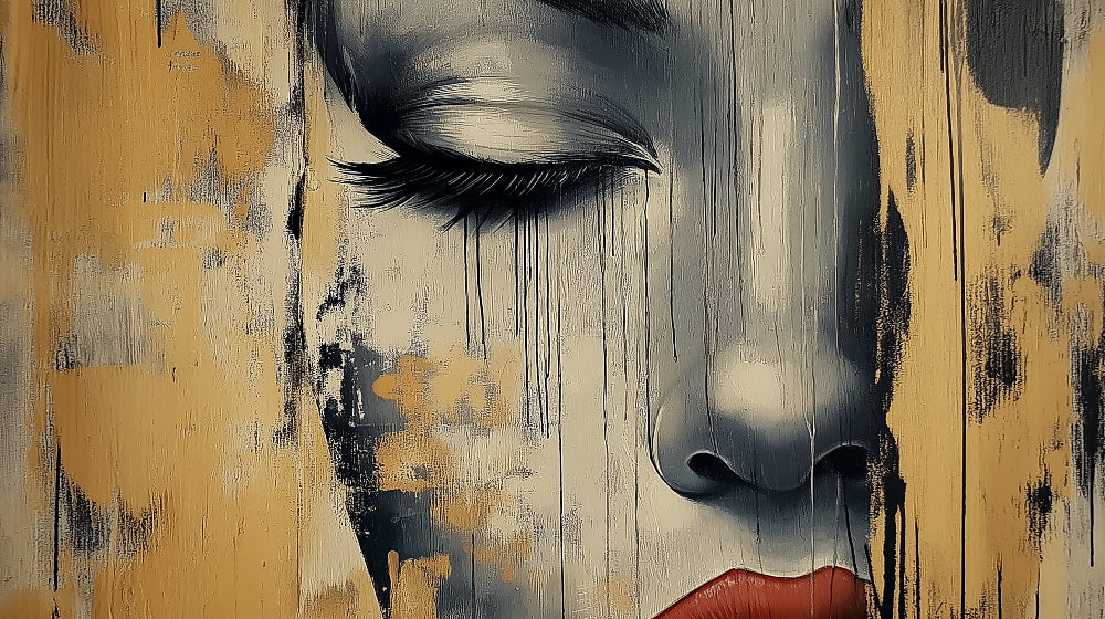 Abstract portrait design file showing detailed gold drips and artistic brushstrokes on neutral background