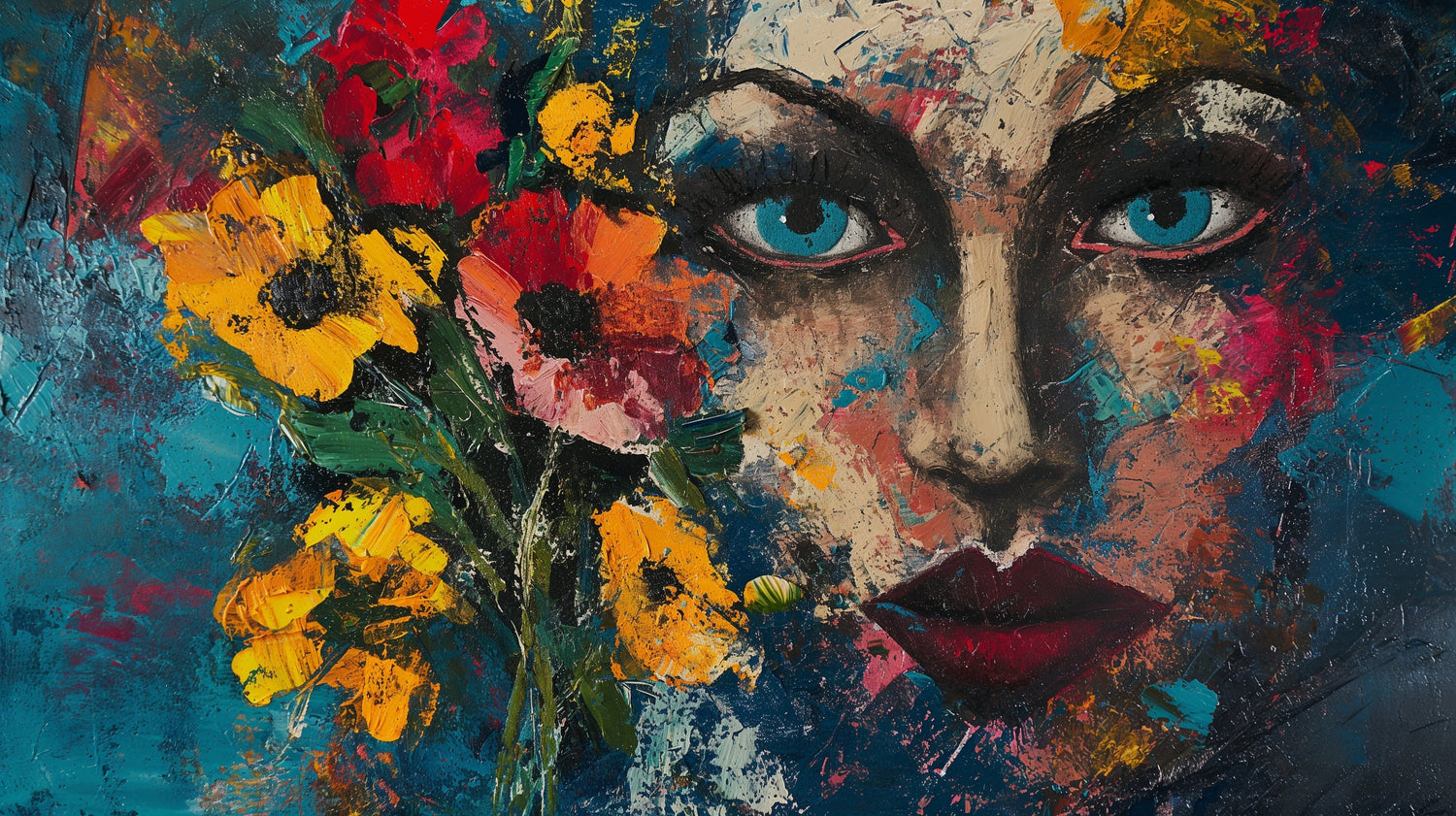 Abstract Portrait Wallpaper with sunflowers displayed in a modern living room, creating an artistic focal point