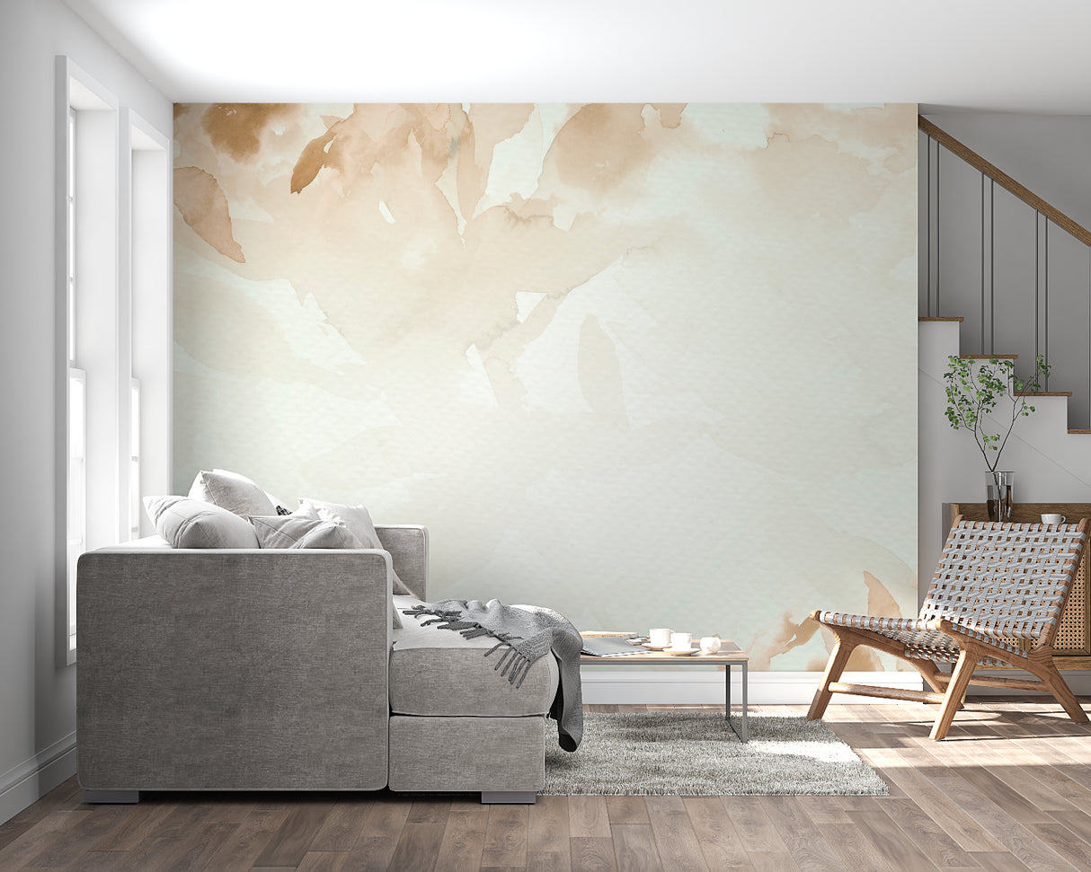 Beige watercolor leaf wallpaper in a bright living room creating a calm atmosphere