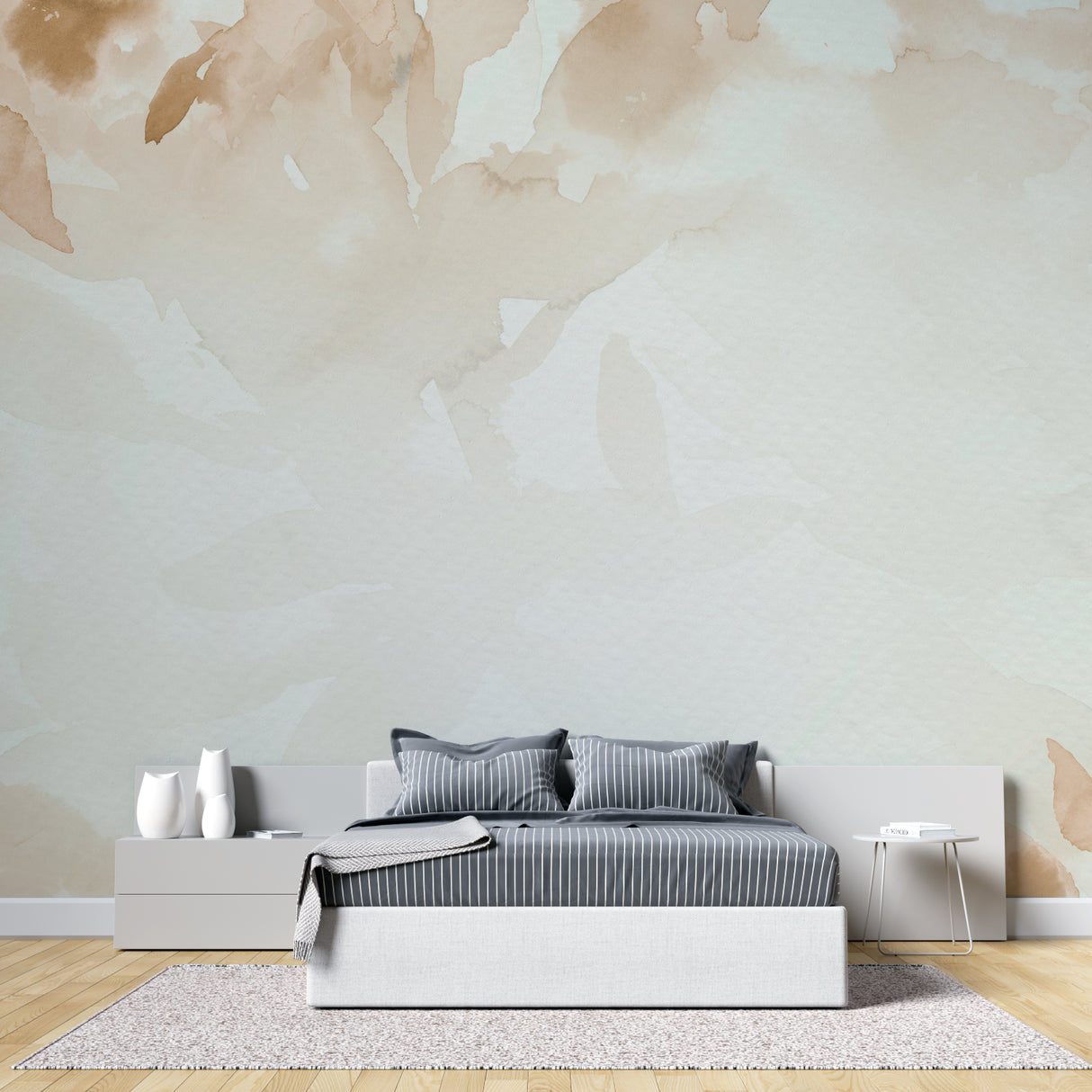 Modern dining room featuring abstract beige leaf mural wallpaper