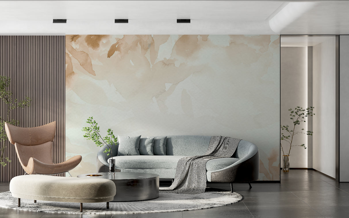 Home office with beige abstract wallpaper creating a focused environment