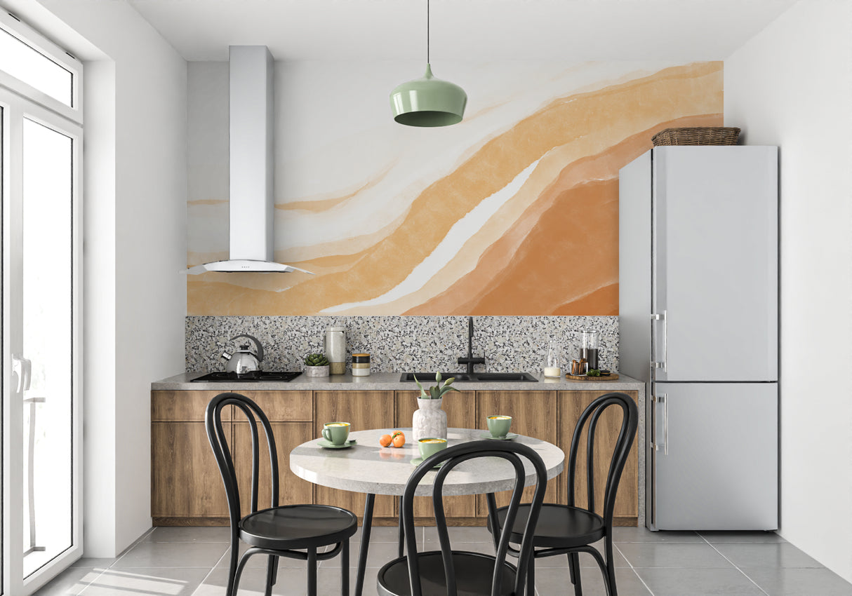 Abstract beige wave wallpaper in modern living room creating a serene atmosphere