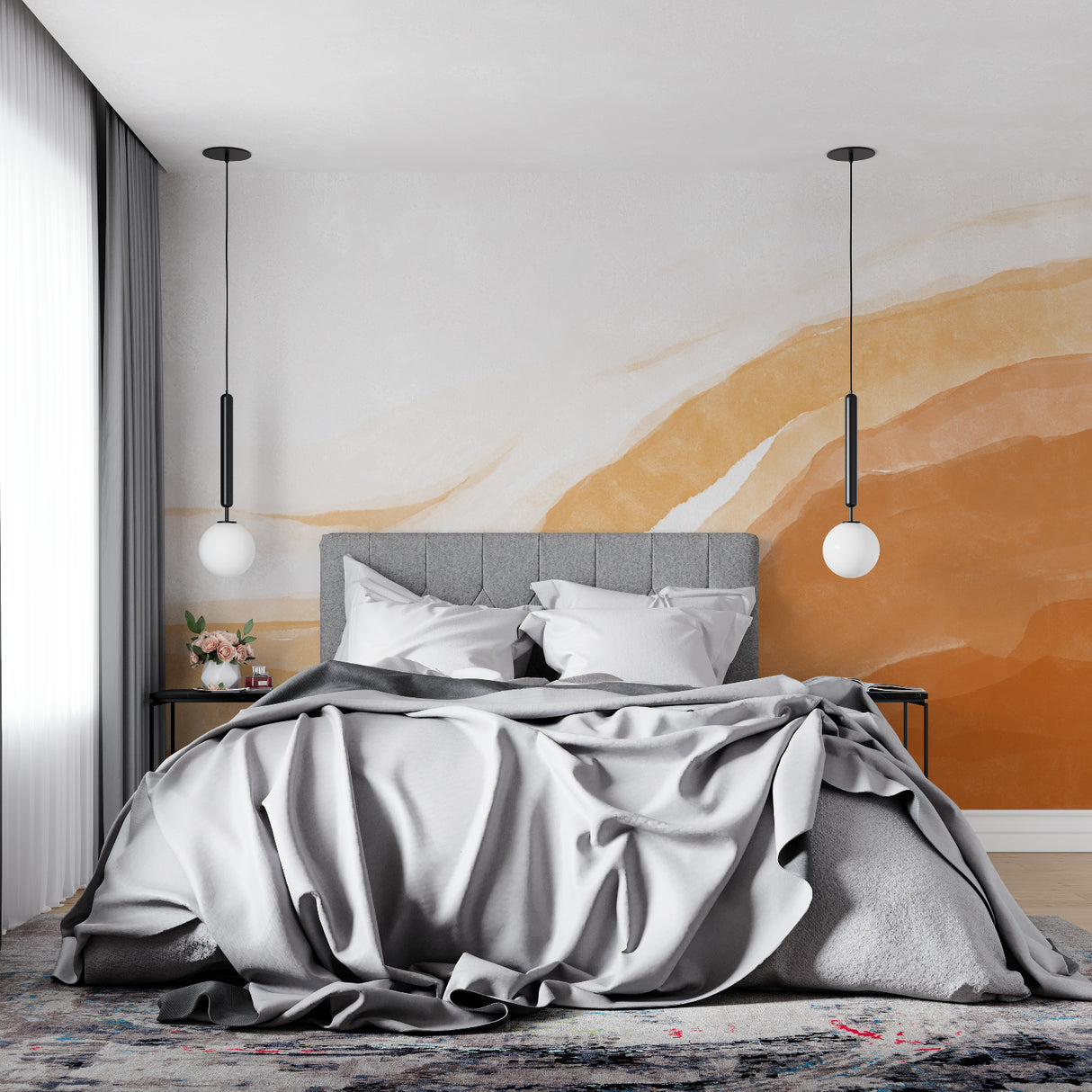 Watercolor wave mural in master bedroom showing flowing beige patterns
