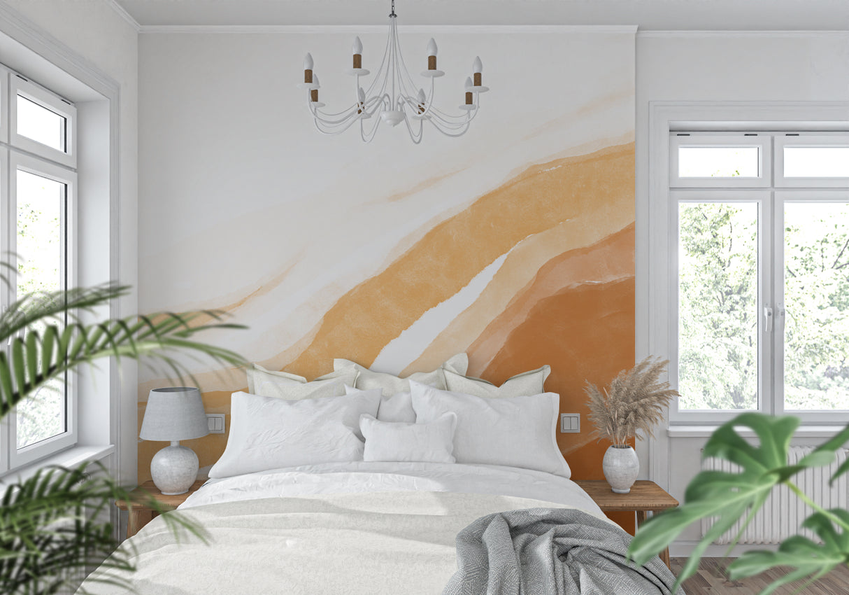 Abstract beige wallpaper in dining room with warm natural lighting