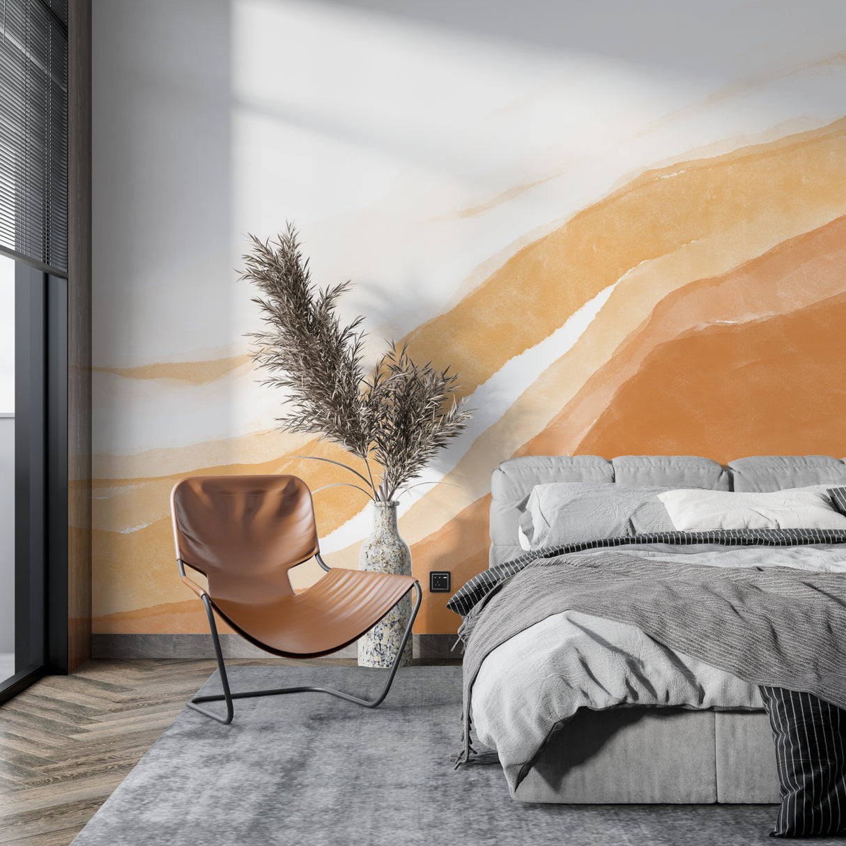 Modern office space featuring abstract wave wallpaper in soft beige tones