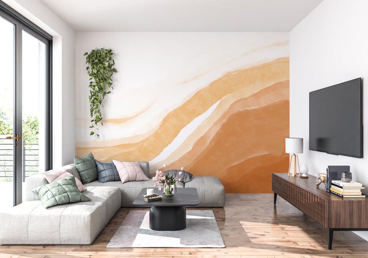 Luxury hotel lobby showcasing flowing beige watercolor wall mural