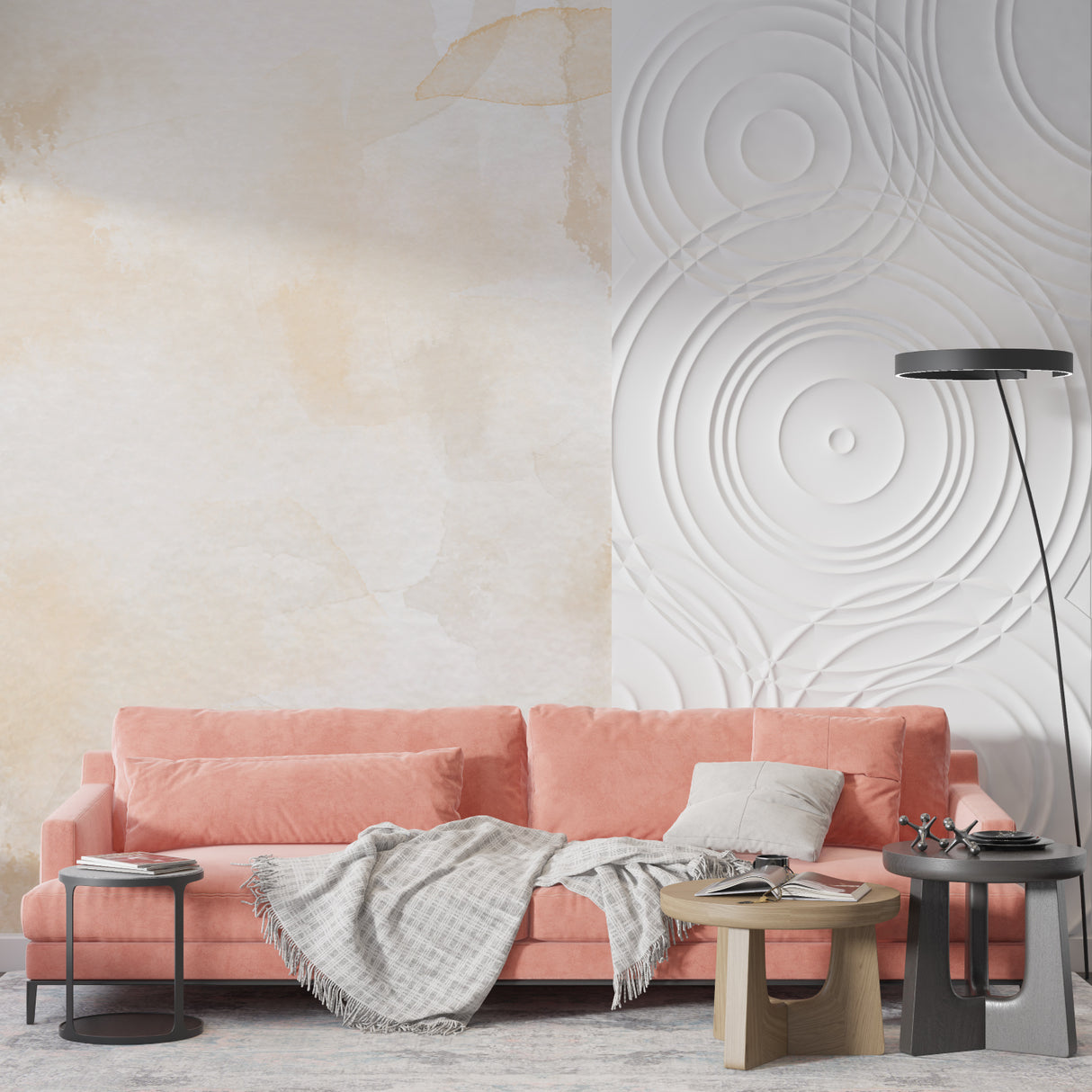 Abstract beige watercolor wallpaper with 3D circles creating depth in a modern living room setting