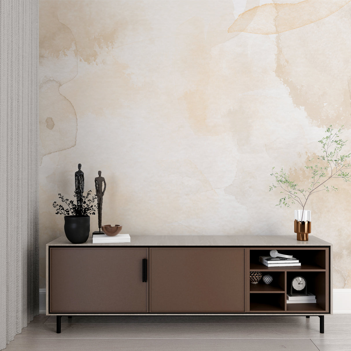 Beige abstract wall mural with 3D circular patterns enhancing a minimalist dining room