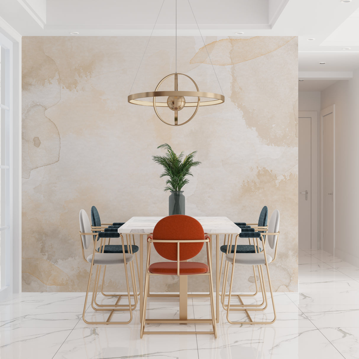 Contemporary 3D circles wallpaper in neutral tones styled in a home office space